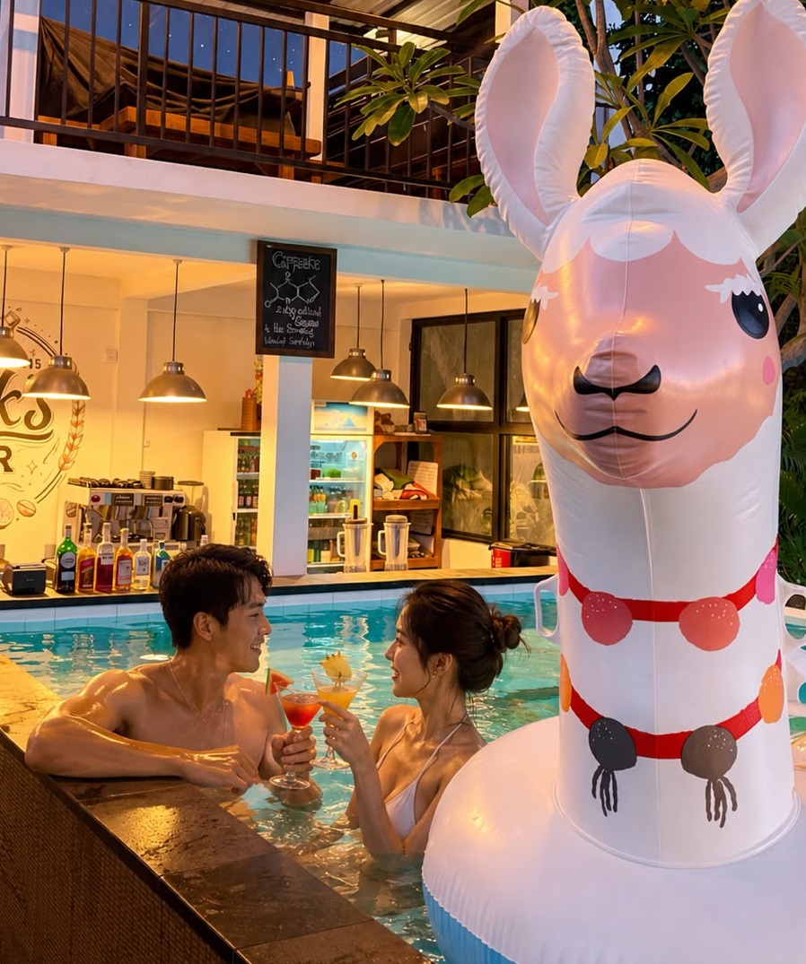 Couple enjoying cocktails at swim-up pool bar with inflatable llama float at Nicks Nusa Bali resort