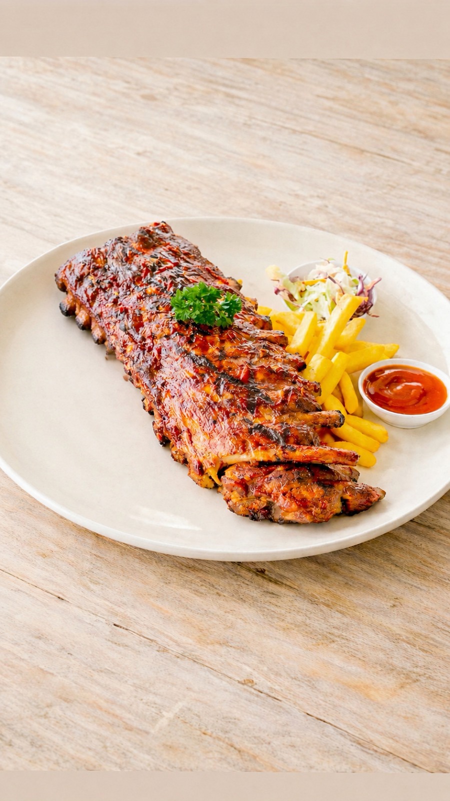 BBQ pork ribs dengan french fries dan coleslaw di Nicks Nusa Bali - Best ribs restaurant in Nusa Penida